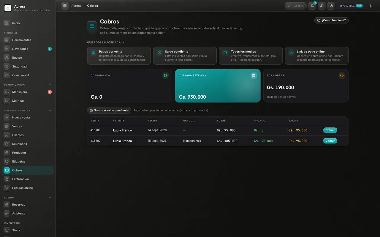 Pantalla de cobros y finanzas de Omni